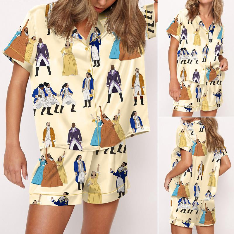 SHESHOW Hamilton Satin Pajama Set for Women Print Comfy Satin Sleepwear & Loungewear Pjs Printing Silky Top & Bottoms