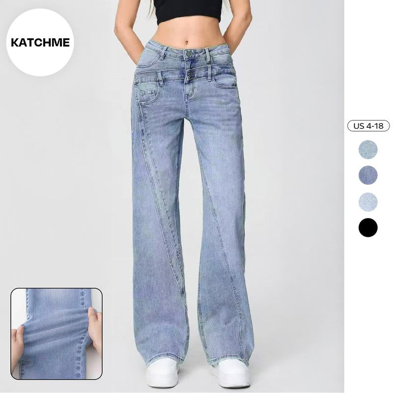 Katchme Women'S Street Chic High Waist Patchwork Wide Leg Jeans, Vintage Fake Two-Piece Denim Trousers, Baggy Jeans Outfits