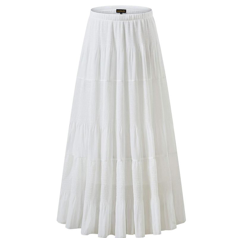 NASHALYLY Women'S Chiffon Elastic High Waist Pleated A-Line Flared Maxi Skirts Breathable & Comfortable Casual Summer Wear White Black Gymskirt