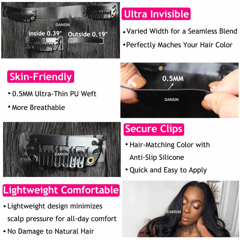 DANSIN Super Flat Seamless Clip in Hair Extensions Natural Black Silky Straight Body Wave Yaki Kinky Curly 100% Brazilian Virgin Human Hair Clip Ins