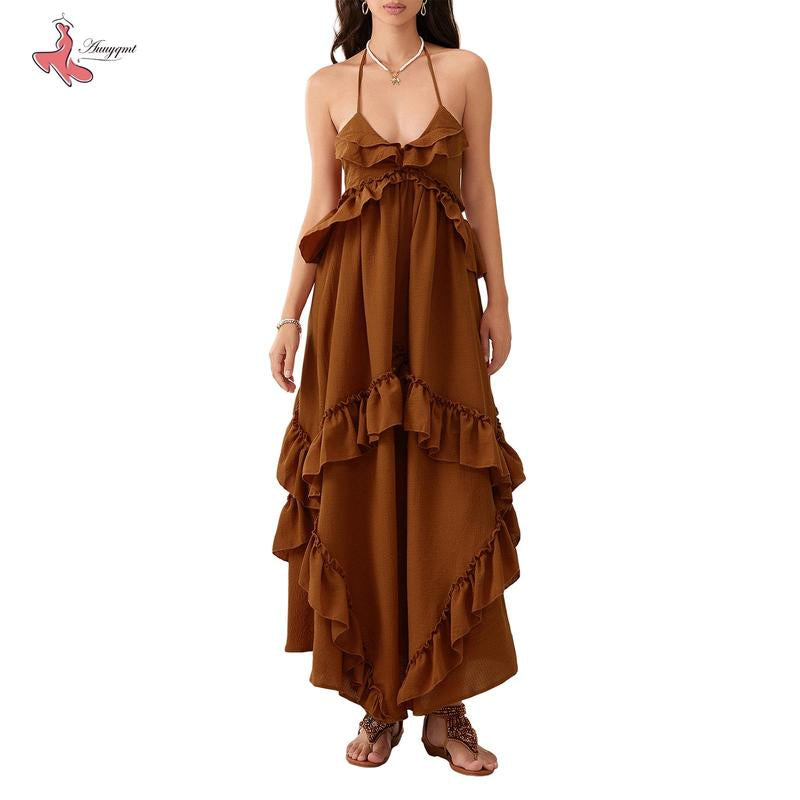 Women Long Dress, Sleeveless Halter Dress Backless Ruffled Summer Swing Dress for Vacation Beach