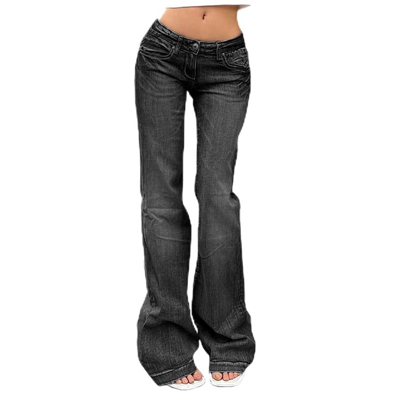 EMMIOL Women'S Vintage Denim Y2K Flare Leg Jeans - Casual Style, Mid-Low Waist, Functional Pockets, Cotton and Polyester Blend, All Seasons - Comfort Pants Blue Trendy Authentic Touch Womenswear Bottom Trouser Streetwear Skinny Slim