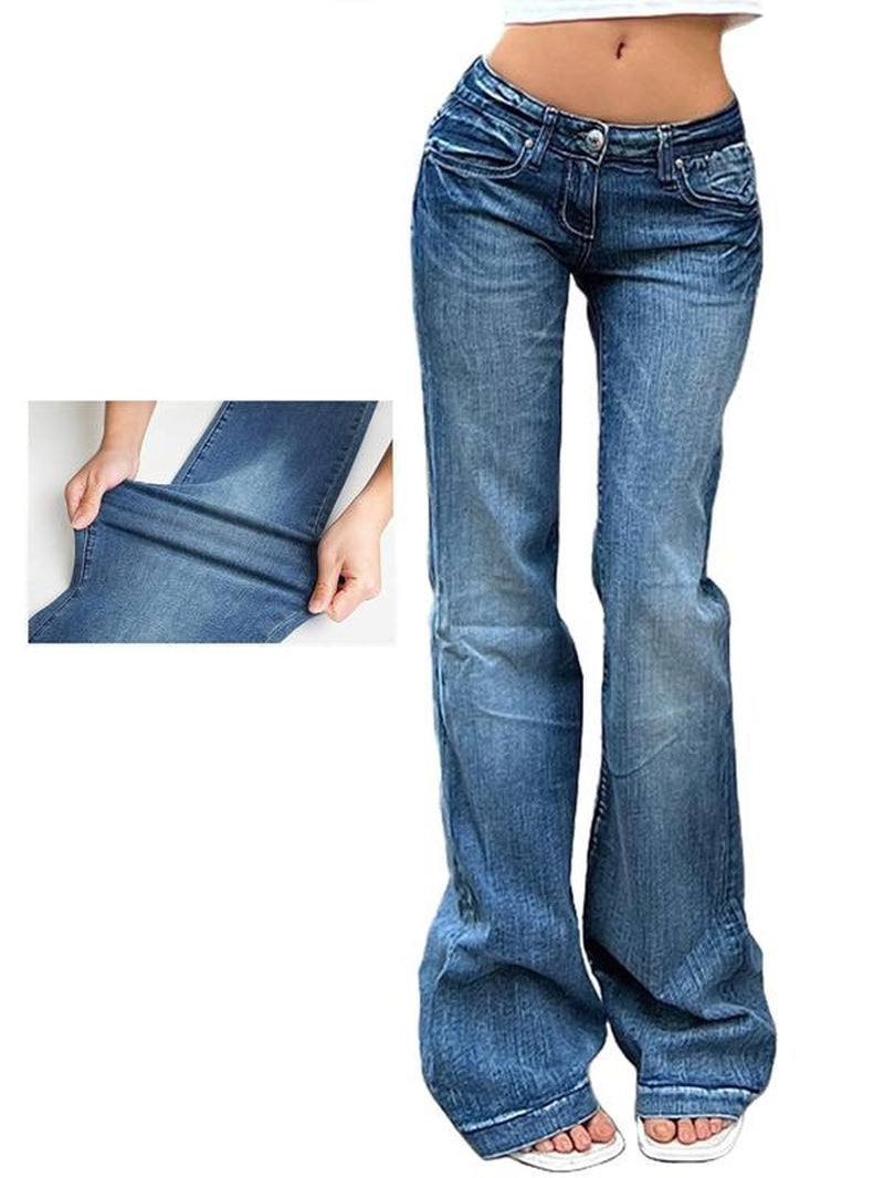 EMMIOL Women'S Vintage Denim Y2K Flare Leg Jeans - Casual Style, Mid-Low Waist, Functional Pockets, Cotton and Polyester Blend, All Seasons - Comfort Pants Blue Trendy Authentic Touch Womenswear Bottom Trouser Streetwear Skinny Slim
