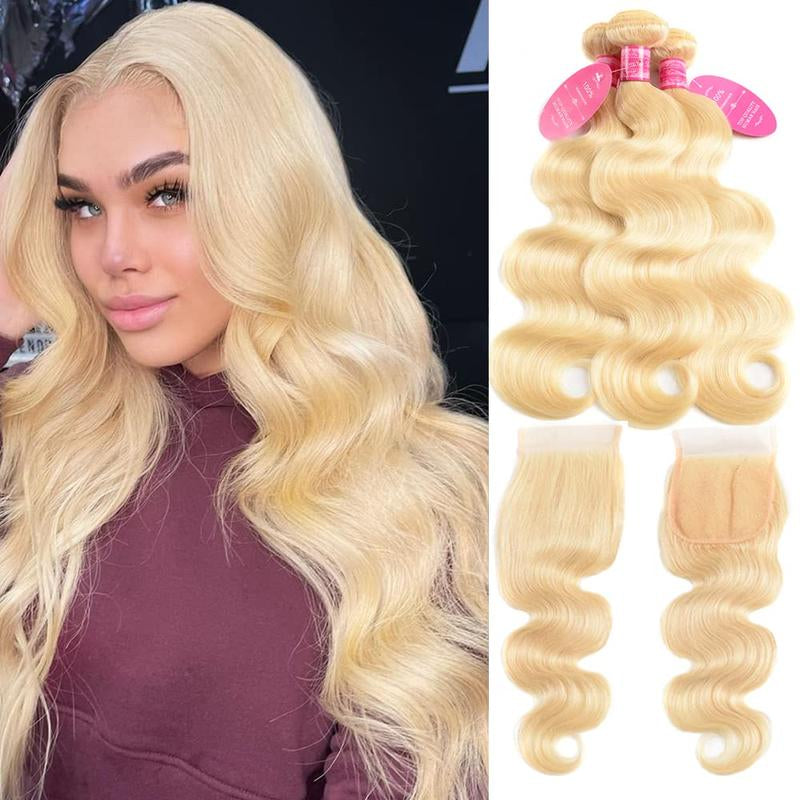 Beauty Queen 613 Blonde Bundles with 4×4 Lace Closure Brazilian Body Wave 3 Bundles with Closure Blonde Human Hair Bundles with Closure Remy Hair