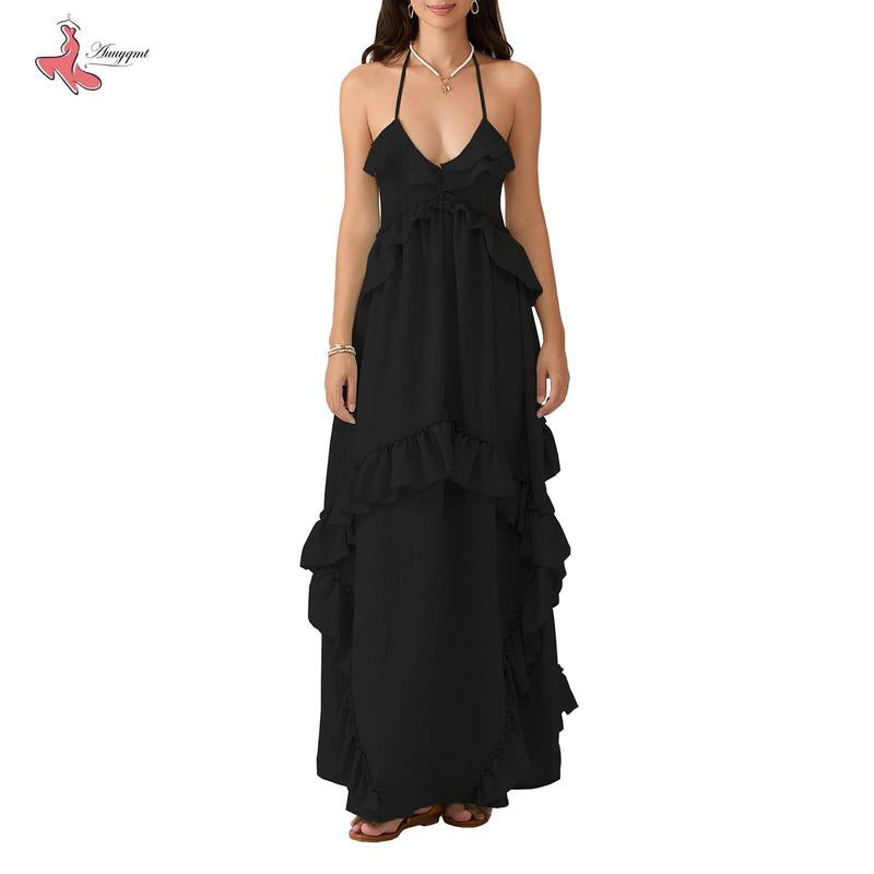 Women Long Dress, Sleeveless Halter Dress Backless Ruffled Summer Swing Dress for Vacation Beach