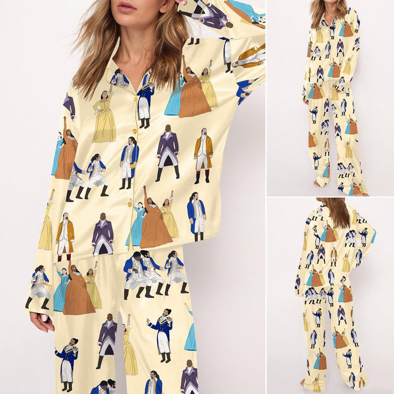 SHESHOW Hamilton Satin Pajama Set for Women Print Comfy Satin Sleepwear & Loungewear Pjs Printing Silky Top & Bottoms