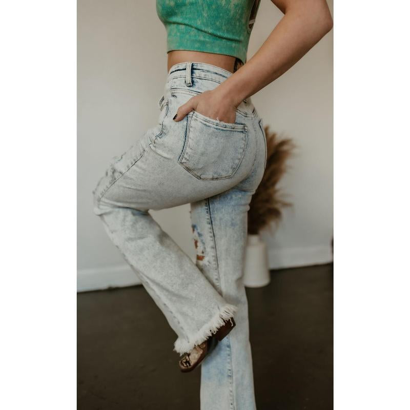 Dani Morgans Exclusive Risen Acid Wash Tummy Control High Rise Distressed Flare Jeans