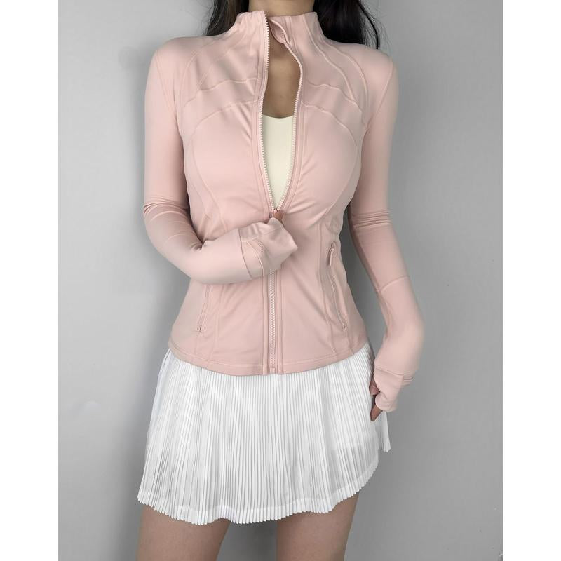 Women's Solid Zip-Up Pocket Jacket - Long Sleeve Stand Collar Outerwear for Fall, Ideal for Workouts, Tennis, and Gym Activities - Comfortable and Breathable Activewear in Blue