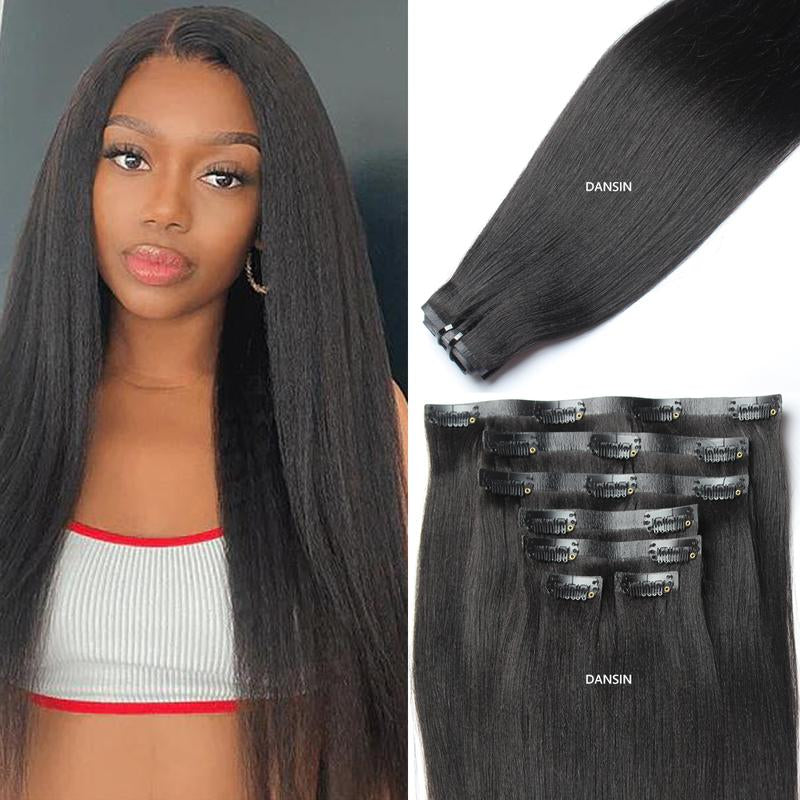 DANSIN Super Flat Seamless Clip in Hair Extensions Natural Black Silky Straight Body Wave Yaki Kinky Curly 100% Brazilian Virgin Human Hair Clip Ins