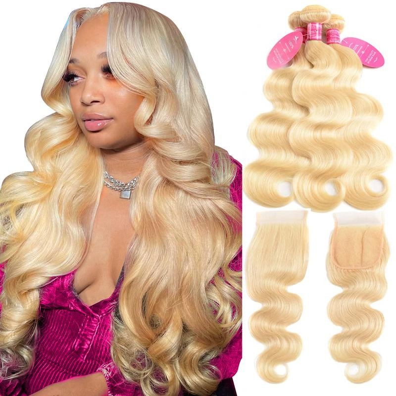 Beauty Queen 613 Blonde Bundles with 4×4 Lace Closure Brazilian Body Wave 3 Bundles with Closure Blonde Human Hair Bundles with Closure Remy Hair