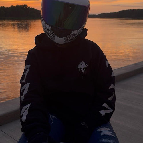 "BLESSED"- Reflective Biker Hoodie, Nighttime Hoodie, Reflective Hoodie, Black Pullover Hoodie, Reflective, Menswear, Womenswear