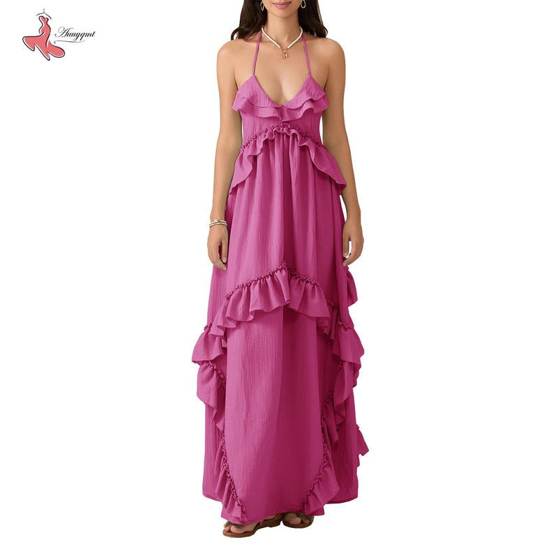 Women Long Dress, Sleeveless Halter Dress Backless Ruffled Summer Swing Dress for Vacation Beach