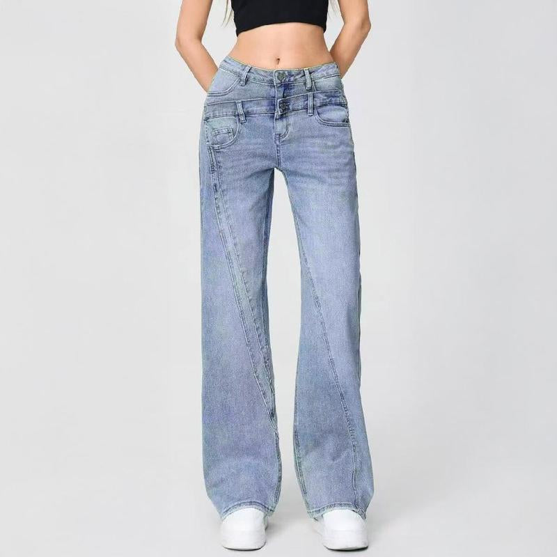 Katchme Women'S Street Chic High Waist Patchwork Wide Leg Jeans, Vintage Fake Two-Piece Denim Trousers, Baggy Jeans Outfits