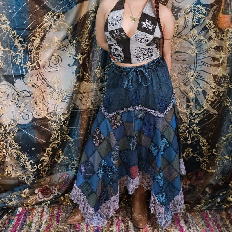 Patchwork Lace Assymetrical Skirt, Cotton Summer Skirts, Boho Hippie Long Fairy Skirts, Ruffle Skirts, Bohemian Y2K Fashion,90S Vintage Style