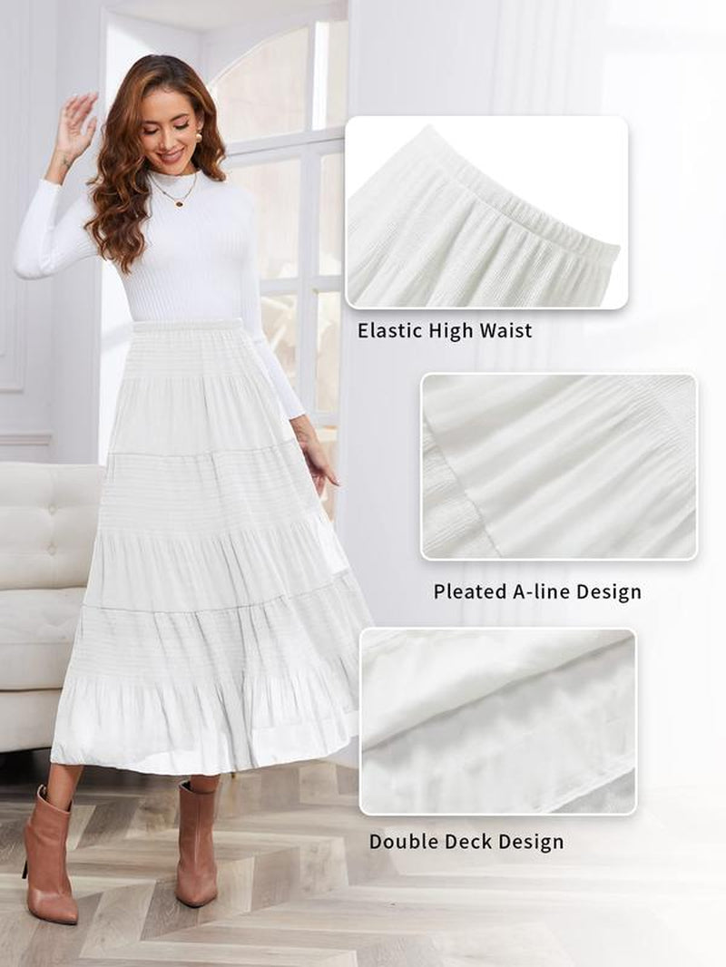 NASHALYLY Women'S Chiffon Elastic High Waist Pleated A-Line Flared Maxi Skirts Breathable & Comfortable Casual Summer Wear White Black Gymskirt