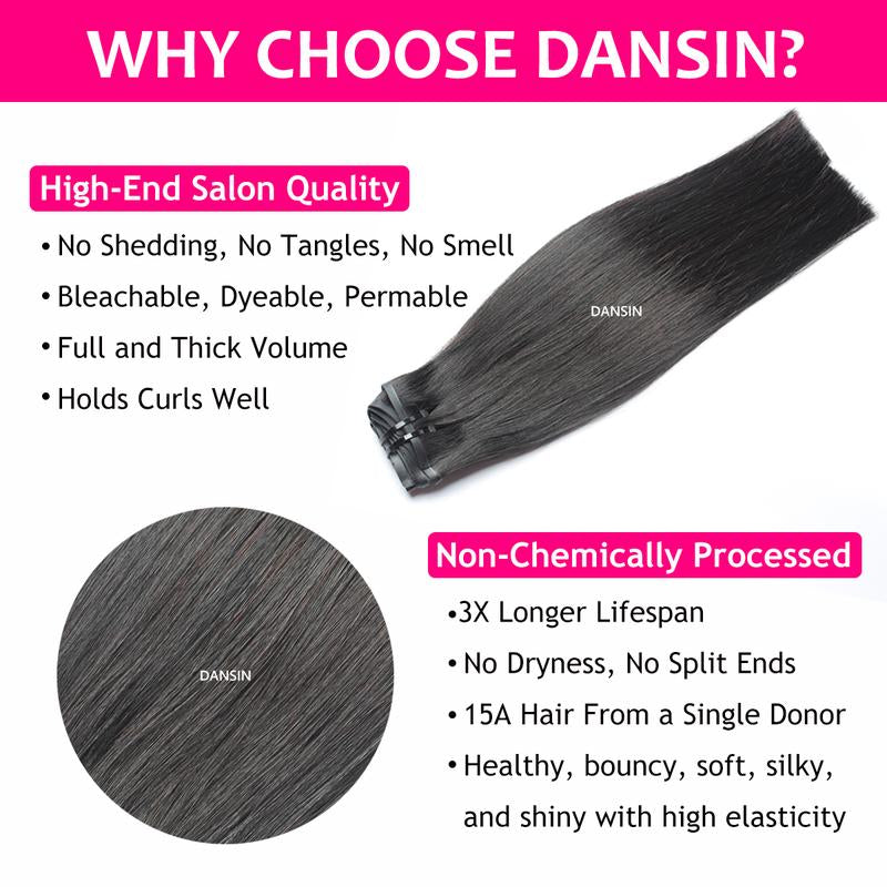 DANSIN Super Flat Seamless Clip in Hair Extensions Natural Black Silky Straight Body Wave Yaki Kinky Curly 100% Brazilian Virgin Human Hair Clip Ins