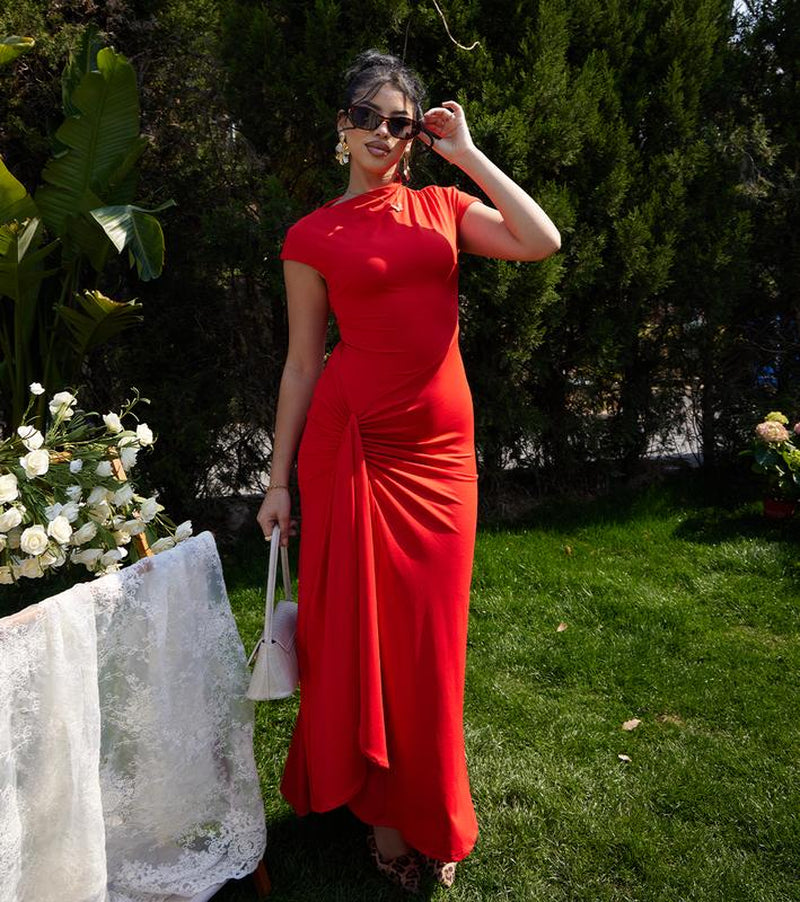 OYS Women'S Casual Short Sleeve Boat Neck Ruched High Split Bodycon Long Party Dress