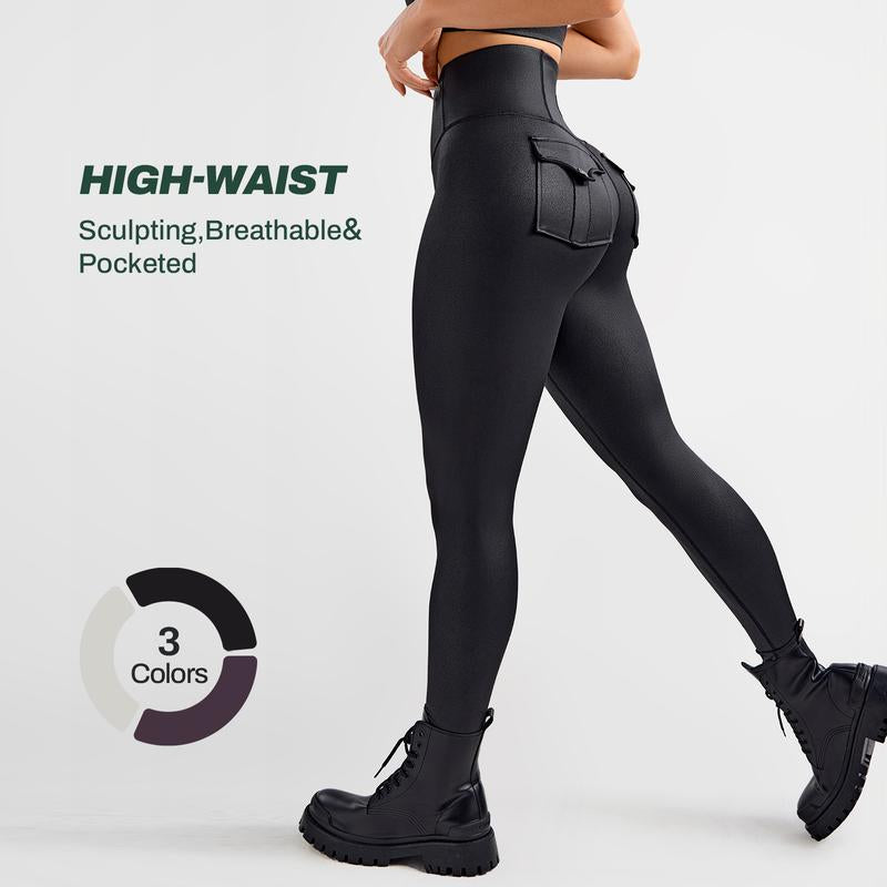 FIRMABS Women’S Faux Leather Cargo Leggings with High-Waisted Tummy Control, Breathable Sweat-Wicking Fabric for Maximum Comfort, Squat-Proof & Non See-Through, Functional Cargo Pockets, for Everyday Wear and Workouts，Gym Outfit #Summertok #Ttshoprestock
