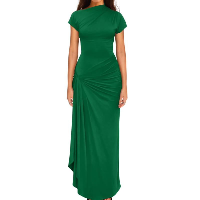 OYS Women'S Casual Short Sleeve Boat Neck Ruched High Split Bodycon Long Party Dress