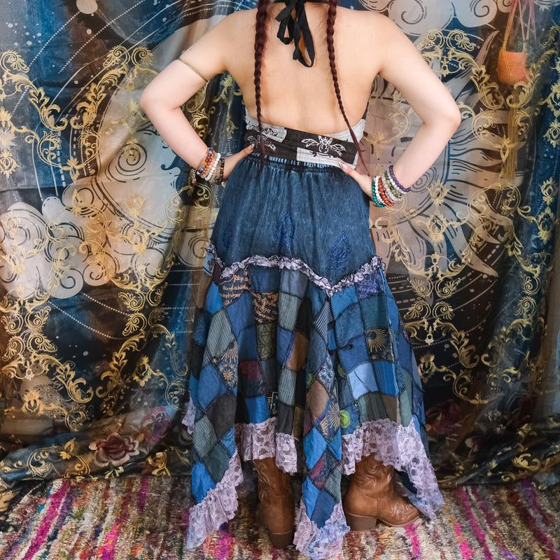 Patchwork Lace Assymetrical Skirt, Cotton Summer Skirts, Boho Hippie Long Fairy Skirts, Ruffle Skirts, Bohemian Y2K Fashion,90S Vintage Style