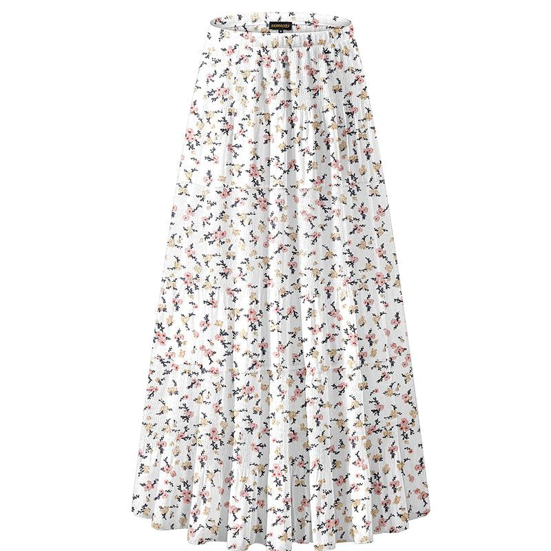 NASHALYLY Women'S Chiffon Elastic High Waist Pleated A-Line Flared Maxi Skirts Breathable & Comfortable Casual Summer Wear White Black Gymskirt