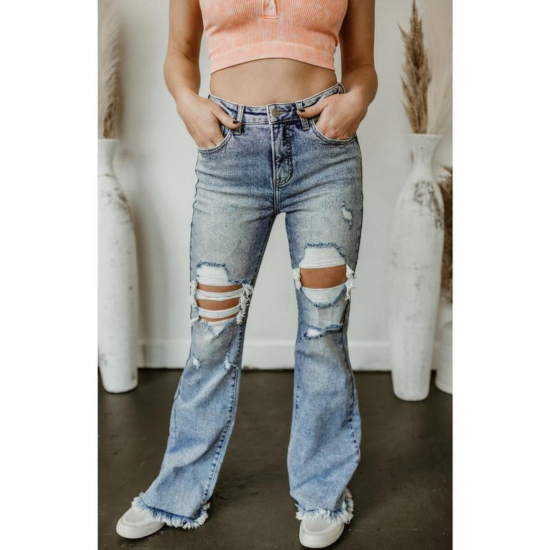 Dani Morgans Exclusive Risen Acid Wash Tummy Control High Rise Distressed Flare Jeans