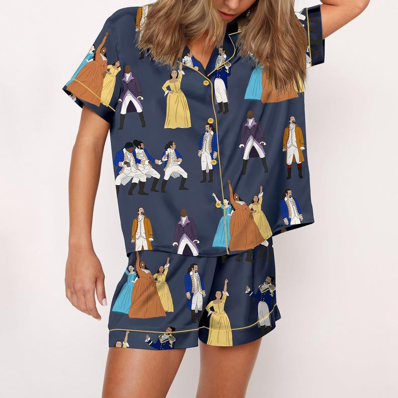SHESHOW Hamilton Satin Pajama Set for Women Print Comfy Satin Sleepwear & Loungewear Pjs Printing Silky Top & Bottoms