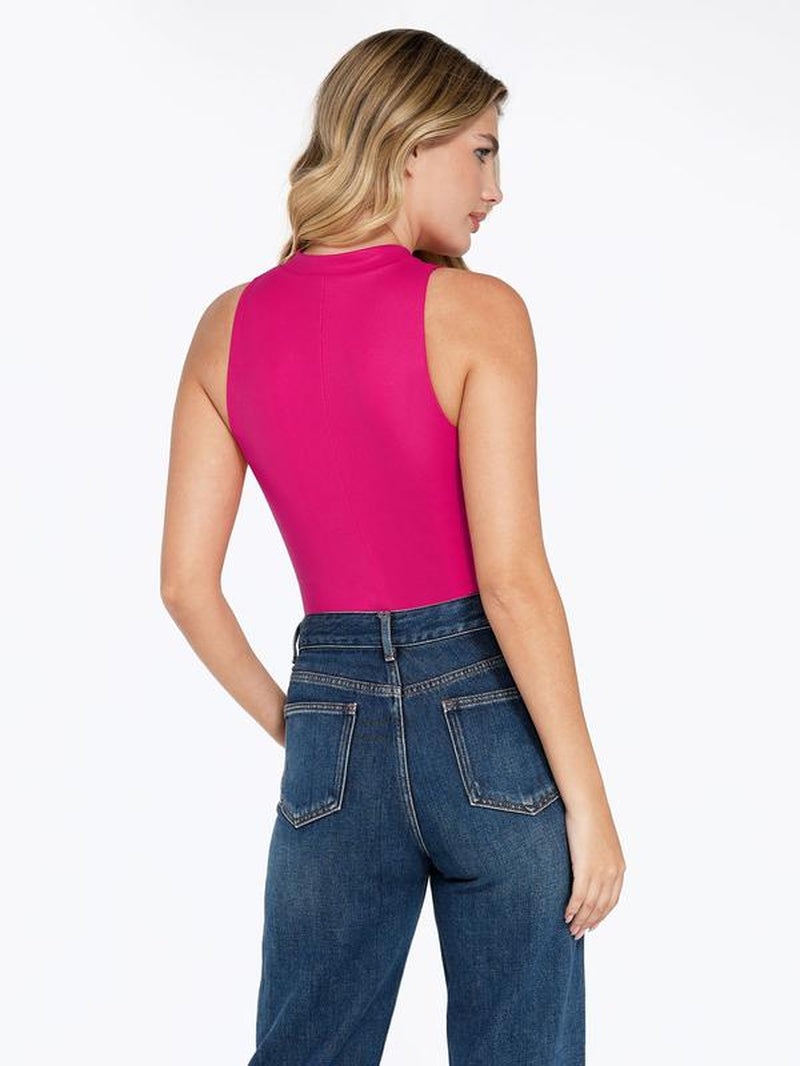 Popilush Shapewear Faux Leather Mock Neck Zip Front Sculpting Bodysuit-Live