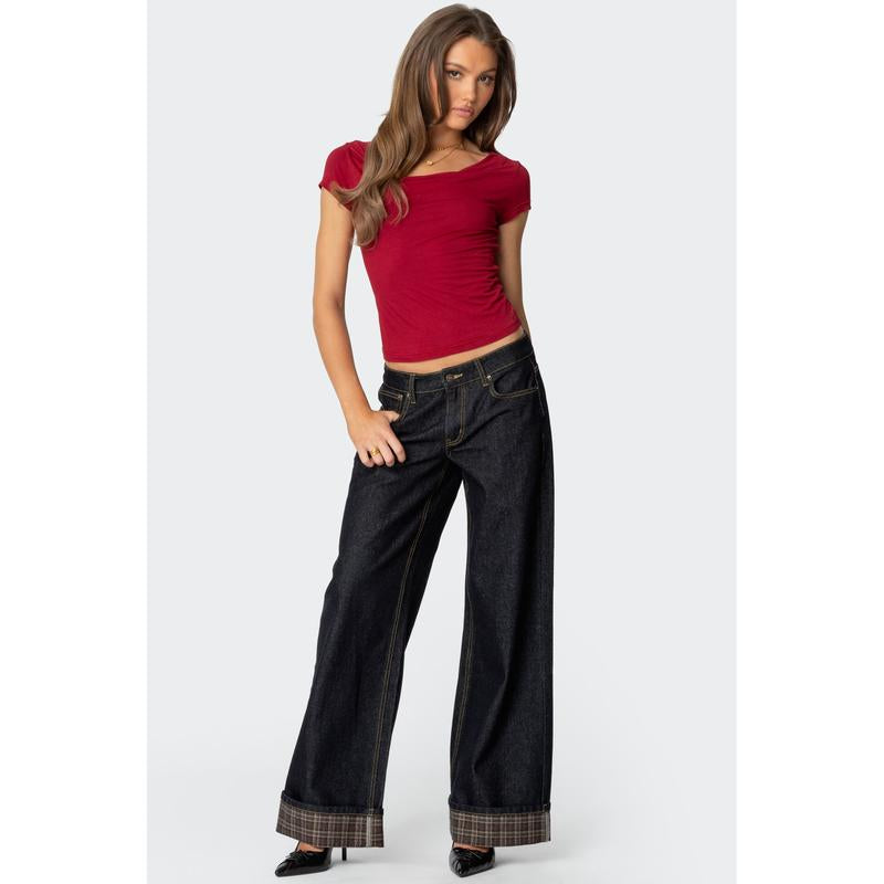 Plaid Cuffed Low Rise Jeans