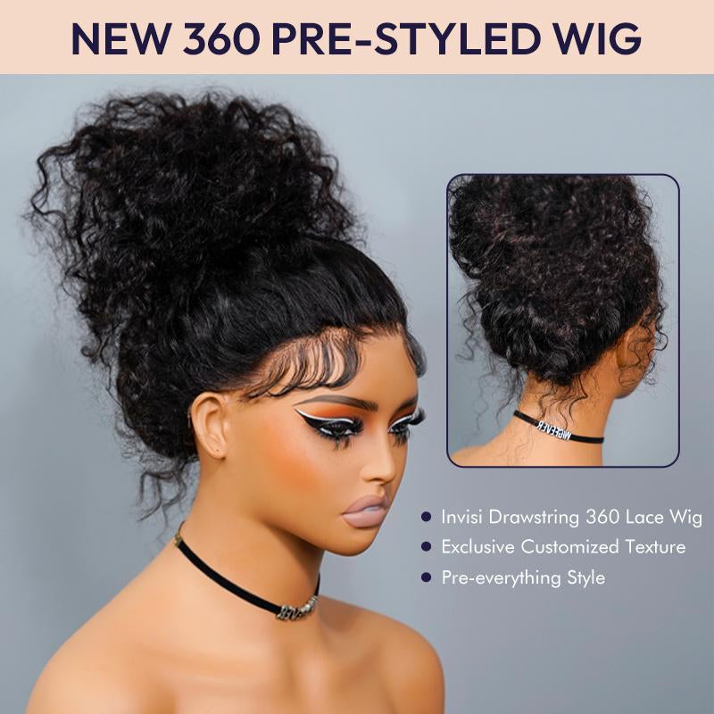 Wigfever Upgraded 360 Style Water Wave Invisi Draw-Strings Wear Go Glueless Pre-Bleached and Pre-Cut Lace Human Hair Wig