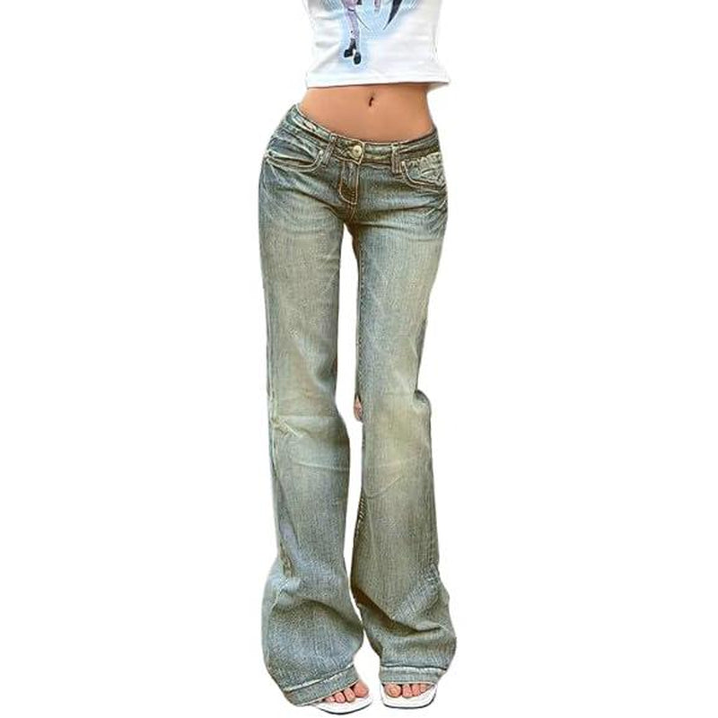 EMMIOL Women'S Vintage Denim Y2K Flare Leg Jeans - Casual Style, Mid-Low Waist, Functional Pockets, Cotton and Polyester Blend, All Seasons - Comfort Pants Blue Trendy Authentic Touch Womenswear Bottom Trouser Streetwear Skinny Slim