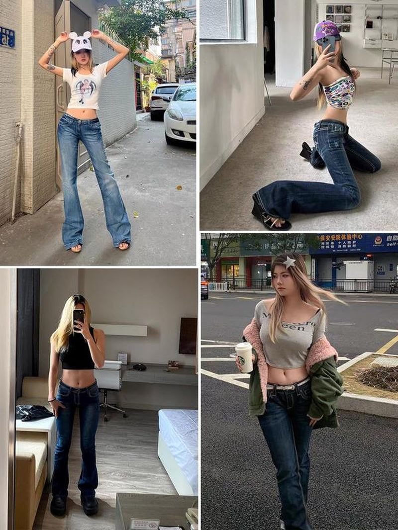 EMMIOL Women'S Vintage Denim Y2K Flare Leg Jeans - Casual Style, Mid-Low Waist, Functional Pockets, Cotton and Polyester Blend, All Seasons - Comfort Pants Blue Trendy Authentic Touch Womenswear Bottom Trouser Streetwear Skinny Slim