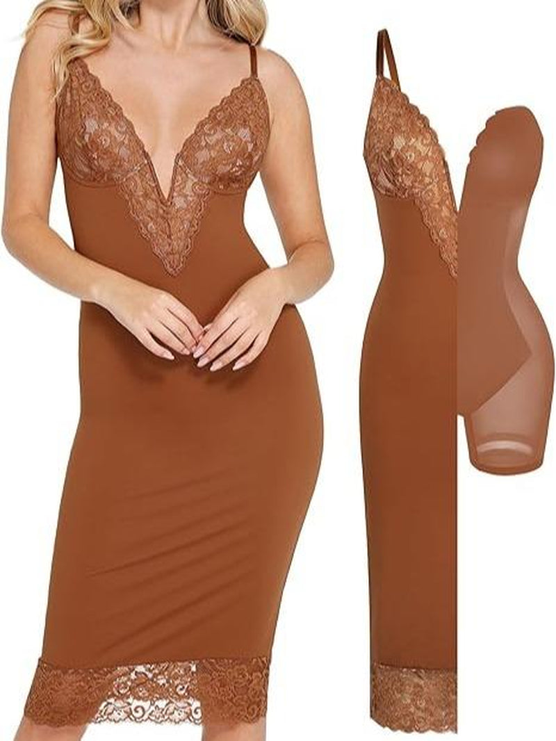 Popilush Lace Bodycon Dress Deep V-Neck Spaghetti Strap Shapewear Women Tummy Control Cocktail Party#Tiktokshopbacktoschool