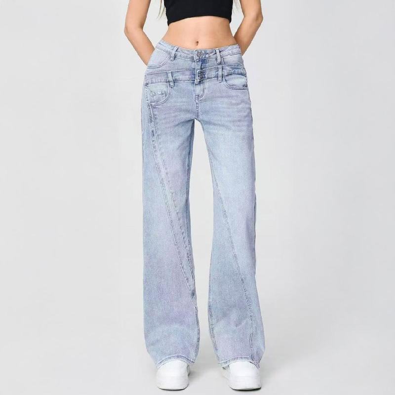 Katchme Women'S Street Chic High Waist Patchwork Wide Leg Jeans, Vintage Fake Two-Piece Denim Trousers, Baggy Jeans Outfits