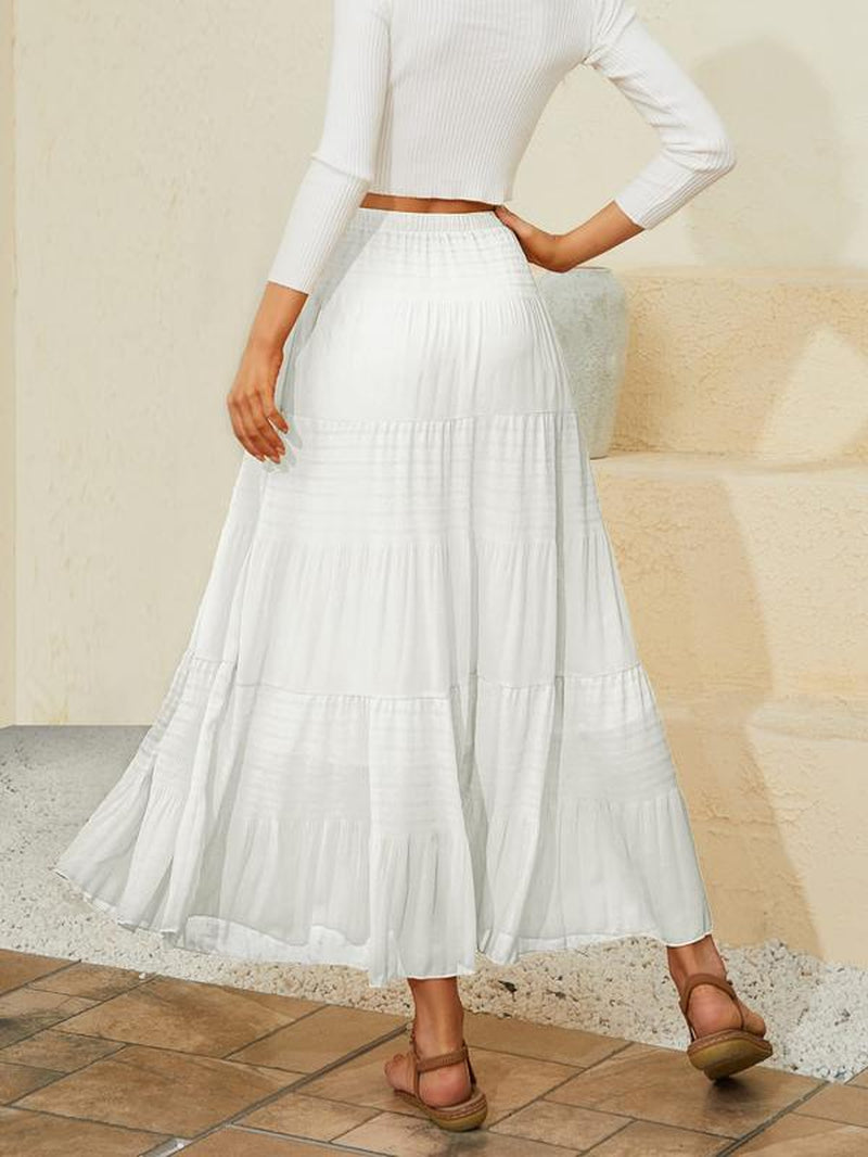 NASHALYLY Women'S Chiffon Elastic High Waist Pleated A-Line Flared Maxi Skirts Breathable & Comfortable Casual Summer Wear White Black Gymskirt