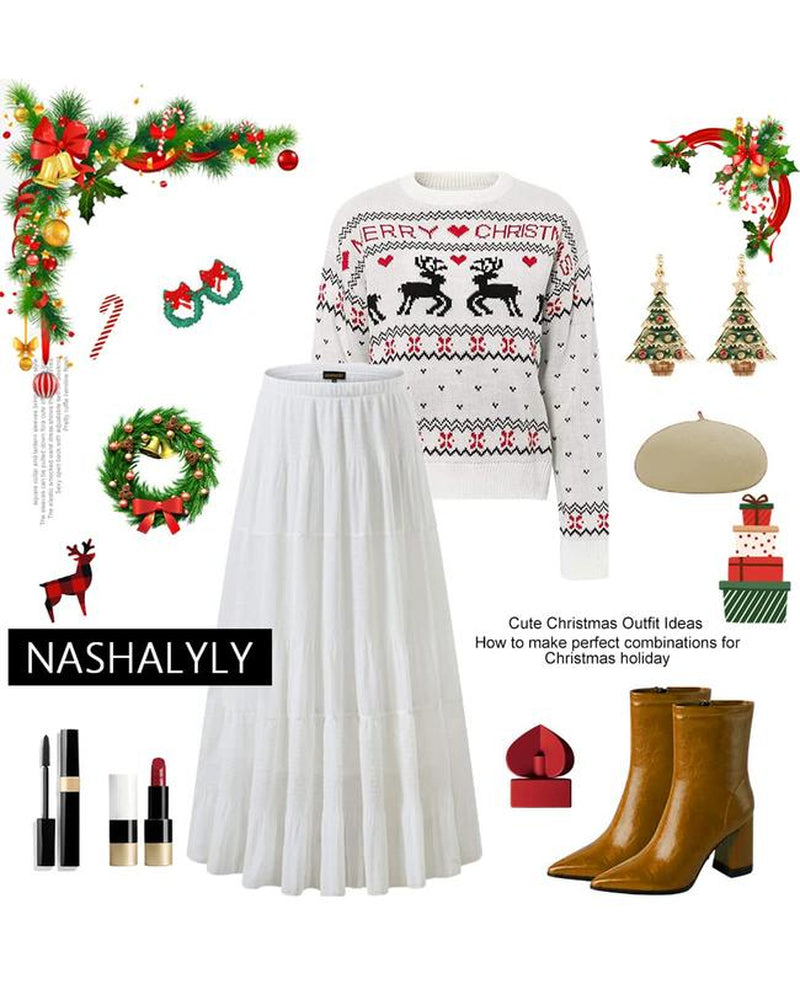 NASHALYLY Women'S Chiffon Elastic High Waist Pleated A-Line Flared Maxi Skirts Breathable & Comfortable Casual Summer Wear White Black Gymskirt