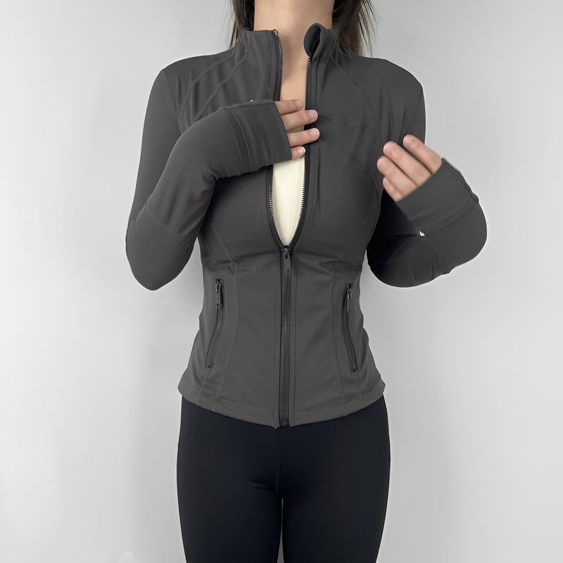 Women's Solid Zip-Up Pocket Jacket - Long Sleeve Stand Collar Outerwear for Fall, Ideal for Workouts, Tennis, and Gym Activities - Comfortable and Breathable Activewear in Blue