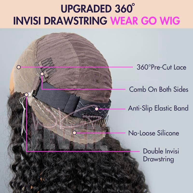 Wigfever Upgraded 360 Style Water Wave Invisi Draw-Strings Wear Go Glueless Pre-Bleached and Pre-Cut Lace Human Hair Wig