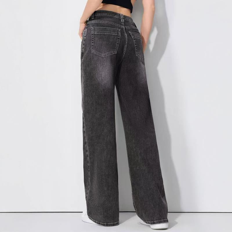 Katchme Women'S Street Chic High Waist Patchwork Wide Leg Jeans, Vintage Fake Two-Piece Denim Trousers, Baggy Jeans Outfits