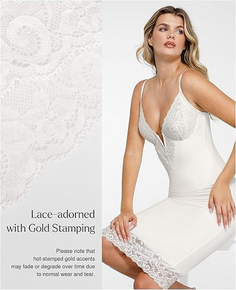 Popilush Lace Bodycon Dress Deep V-Neck Spaghetti Strap Shapewear Women Tummy Control Cocktail Party#Tiktokshopbacktoschool
