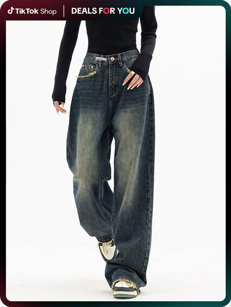 EMMIOL Wide Leg Baggy Jeans for Women Y2K Casual Loose Denim with 4 Traditional Pockets, Zip Fly, Button Closure & Belt Loose Fit - Fabric Clothing Pants Blue Womenswear Bottom Trouser Streetwear Comfort Wideleg Bellbottomjeans Minimalist #Dealsforyoudays