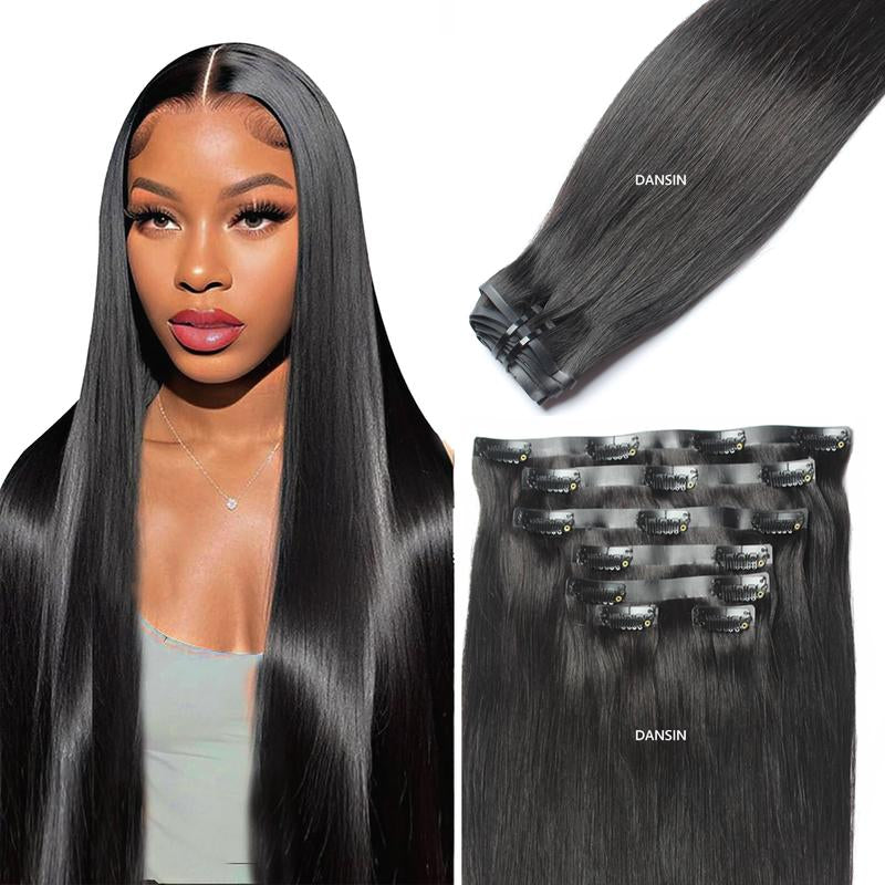 DANSIN Super Flat Seamless Clip in Hair Extensions Natural Black Silky Straight Body Wave Yaki Kinky Curly 100% Brazilian Virgin Human Hair Clip Ins