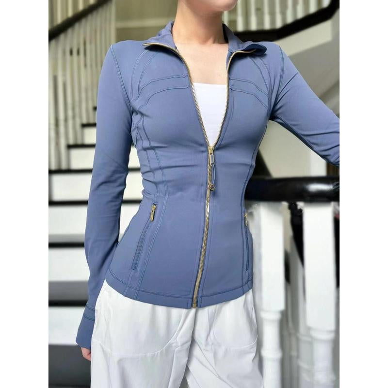 Women's Solid Zip-Up Pocket Jacket - Long Sleeve Stand Collar Outerwear for Fall, Ideal for Workouts, Tennis, and Gym Activities - Comfortable and Breathable Activewear in Blue