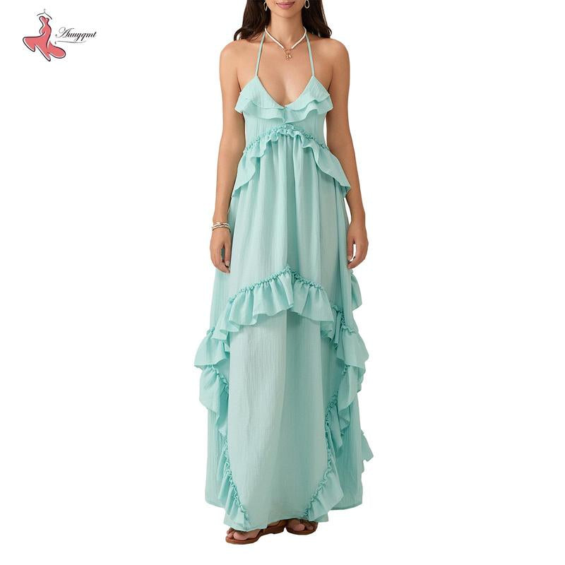 Women Long Dress, Sleeveless Halter Dress Backless Ruffled Summer Swing Dress for Vacation Beach
