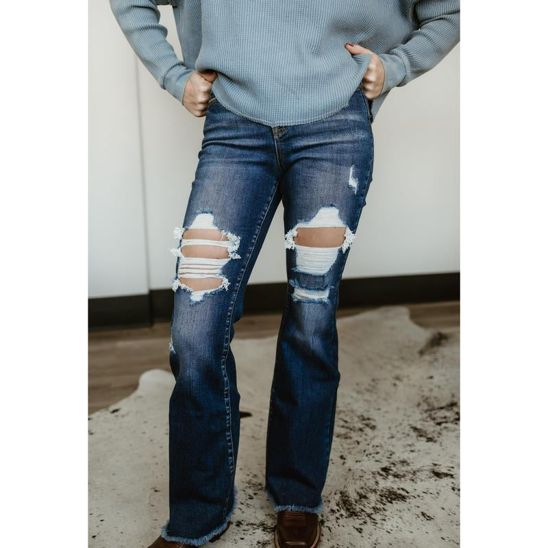 Dani Morgans Exclusive Risen Acid Wash Tummy Control High Rise Distressed Flare Jeans
