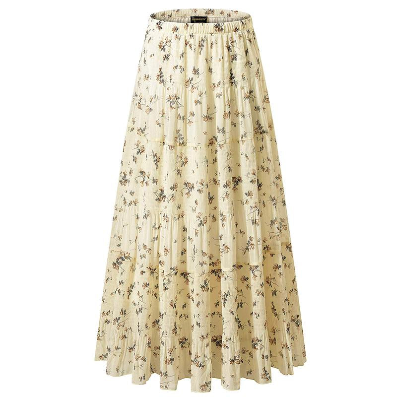 NASHALYLY Women'S Chiffon Elastic High Waist Pleated A-Line Flared Maxi Skirts Breathable & Comfortable Casual Summer Wear White Black Gymskirt