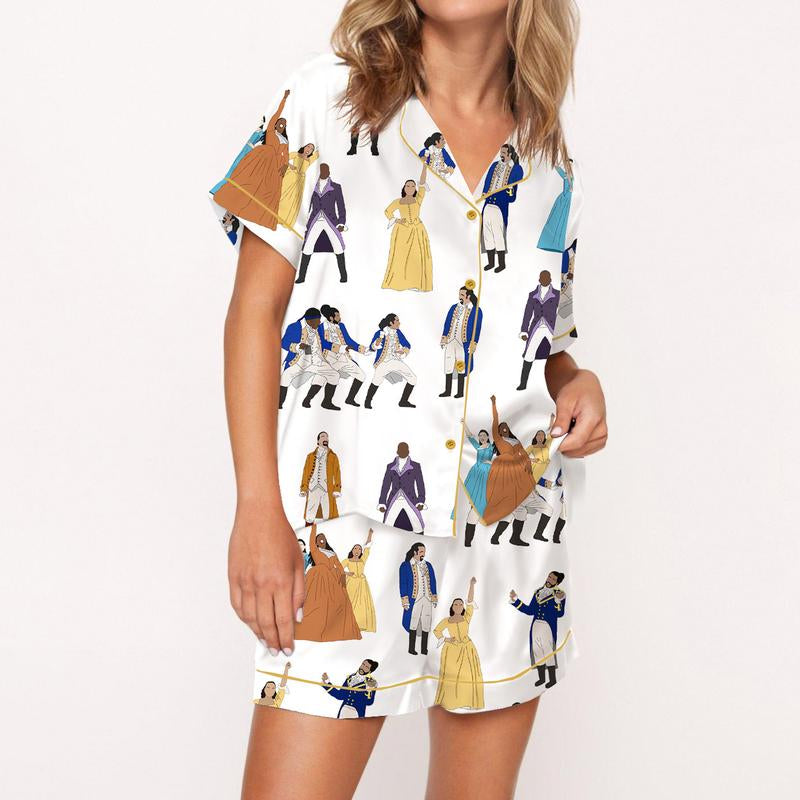SHESHOW Hamilton Satin Pajama Set for Women Print Comfy Satin Sleepwear & Loungewear Pjs Printing Silky Top & Bottoms