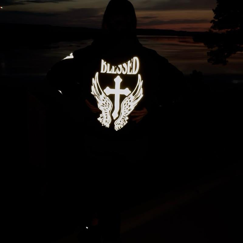 "BLESSED"- Reflective Biker Hoodie, Nighttime Hoodie, Reflective Hoodie, Black Pullover Hoodie, Reflective, Menswear, Womenswear