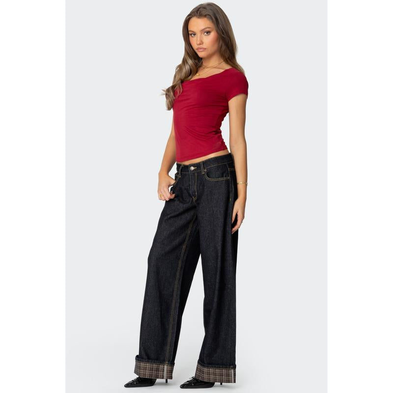 Plaid Cuffed Low Rise Jeans