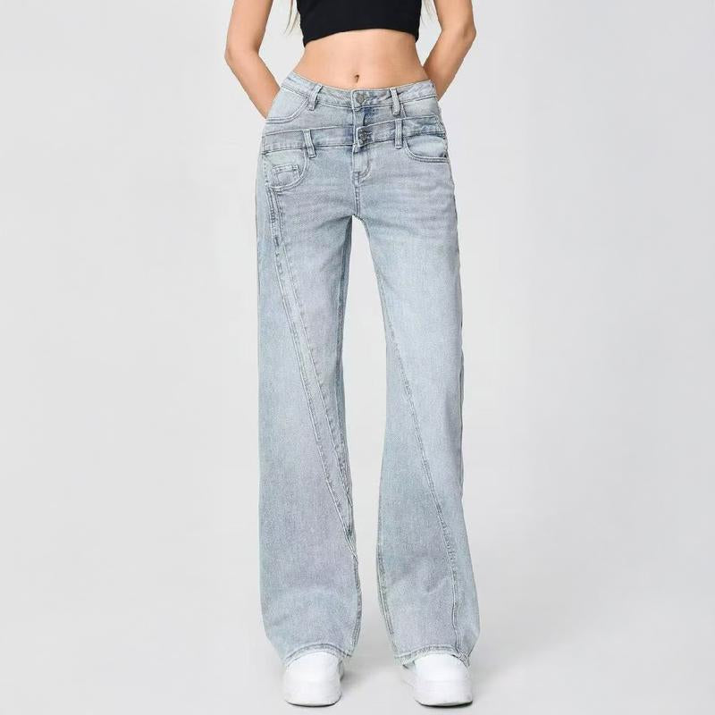 Katchme Women'S Street Chic High Waist Patchwork Wide Leg Jeans, Vintage Fake Two-Piece Denim Trousers, Baggy Jeans Outfits